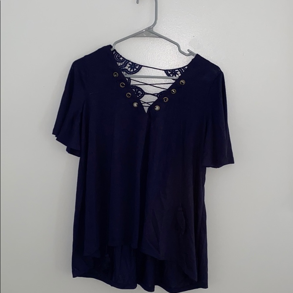 Navy Blue Lace Back Short Sleeve Top